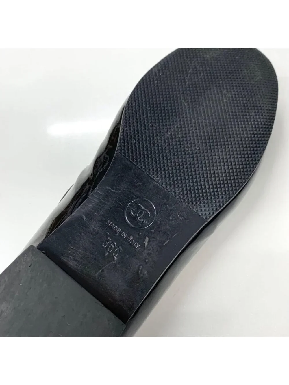 Chanel CC Logo Patent Rhinestone Pearl Loafers Black